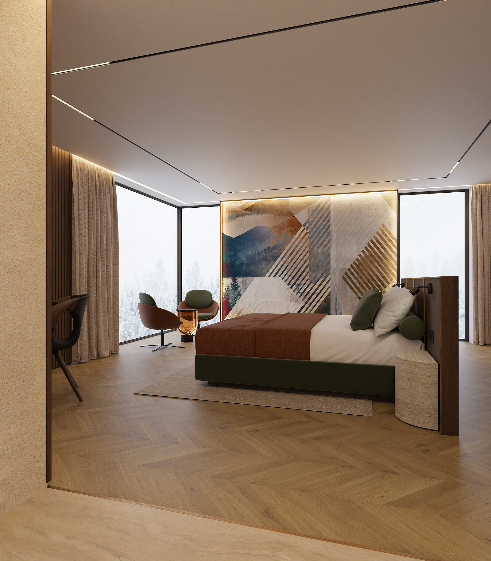 Ein modernes Schlafzimmer mit einem Doppelbett, das mit braunem und grünem Stoff bezogen ist. Neben dem Bett steht ein Nachttisch. Auf der gegenüberliegenden Wand befindet sich ein großes, dekoratives Wandbild. Das Zimmer hat große Fenster mit Blick auf eine winterliche Landschaft.