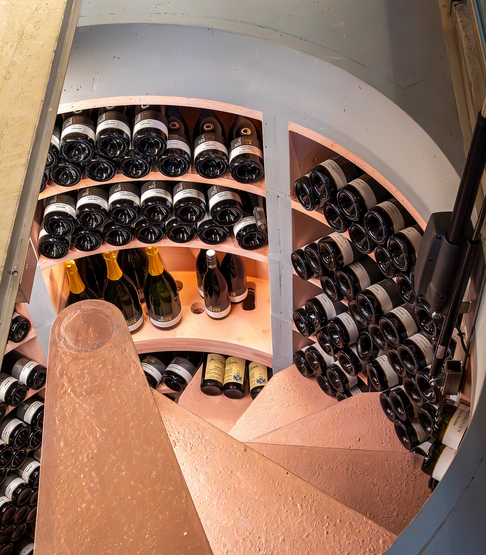 Ein Blick auf eine spiralförmige Weinkellertreppe, die von einem Holzboden umgeben ist. Regale an den Wänden halten mehrere Weinflaschen, darunter auch einige Sektflaschen. Die Atmosphäre ist gedämpft und warm beleuchtet.