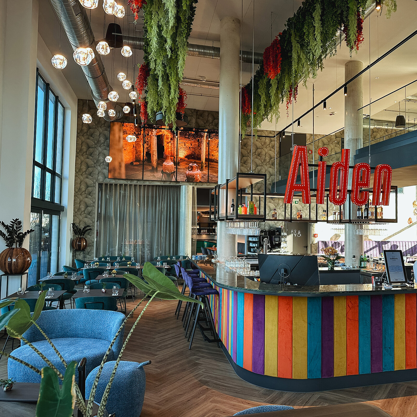 Eine moderne Café-Bar mit stilvoller Einrichtung. Bunte Theke mit Aufschrift "Aiden", hängende Pflanzen und durchsichtige Kugelleuchten. Große Fenster lassen viel Tageslicht herein. Gemütliche Sitzbereiche mit blauen Sesseln und Tischen.