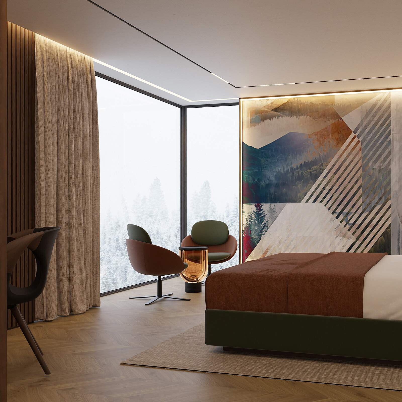 Ein modernes Schlafzimmer mit großen Fenstern, die einen Blick auf eine verschneite Landschaft bieten. Das Zimmer enthält ein Bett mit braunem Kopfteil, einen grünen Bettkasten und einen Teppich. Eine stilvolle Sitzgelegenheit und ein Stuhl sind ebenfalls vorhanden, ergänzt durch eine farbenfrohe Wandmalerei.