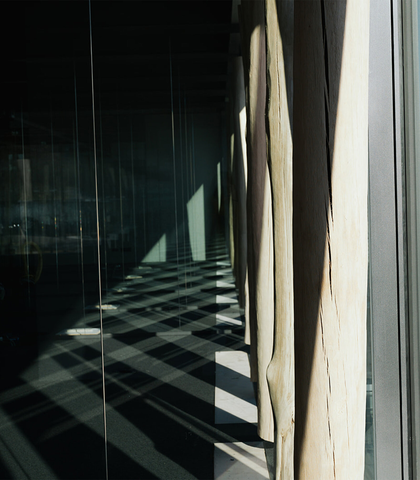 Sunlight casts geometric shadows through a row of large, vertical wooden beams and glass panels in a modern architectural space.