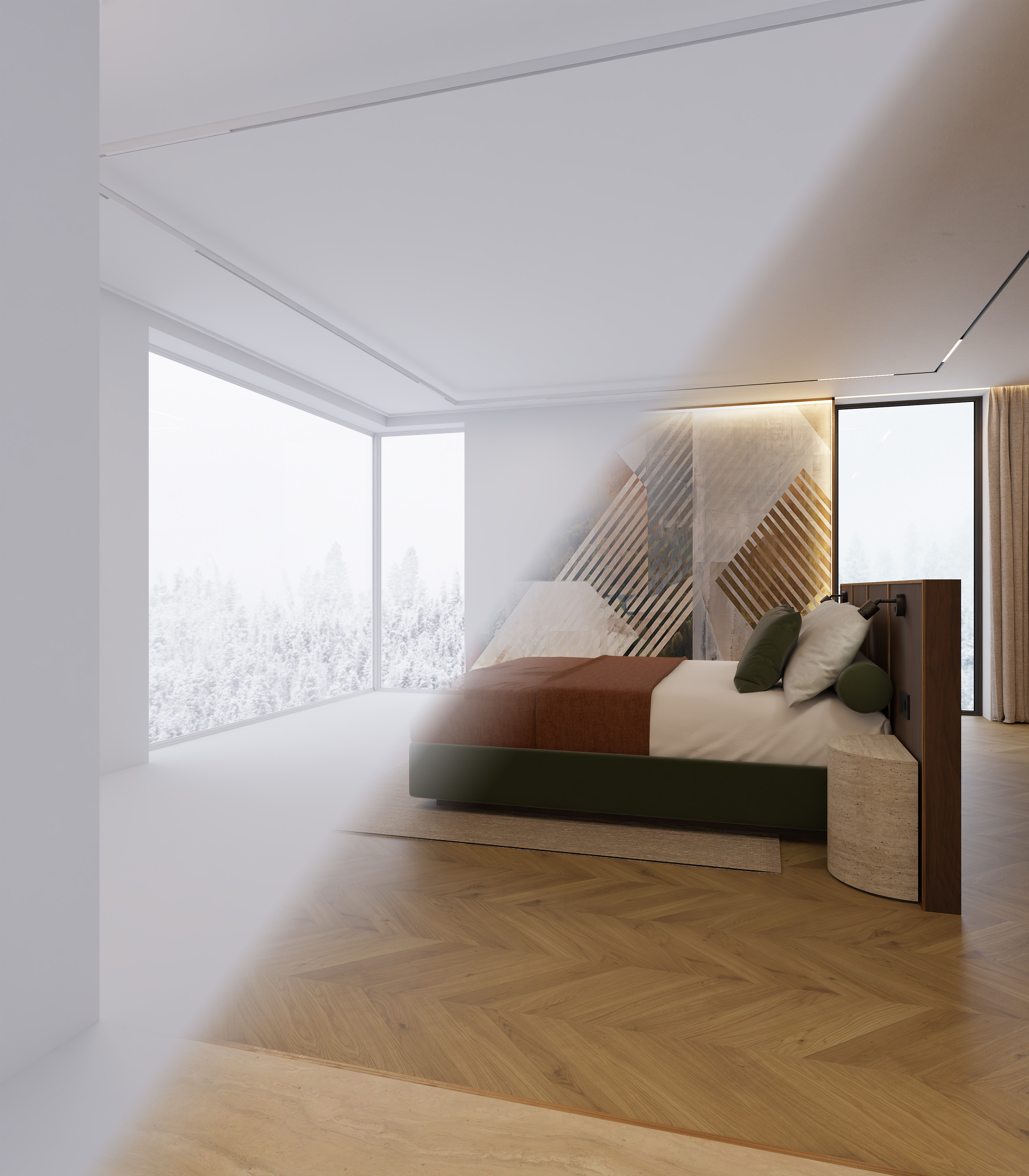 Ein modernes Schlafzimmer mit einem großen Fenster, das einen Blick auf eine verschneite Landschaft bietet. Das Bett hat eine Kombination aus braunen und grünen Akzenten und ist mit verschiedenen Kissen dekoriert. Der Fußboden ist aus Holz und verleiht dem Raum Wärme.